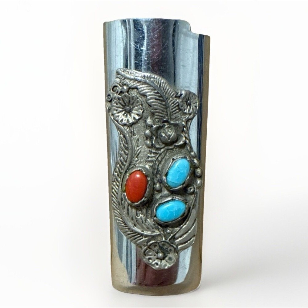 Vintage Southwestern Navajo Sterling Silver Bic Lighter Case Turquoise & Coral